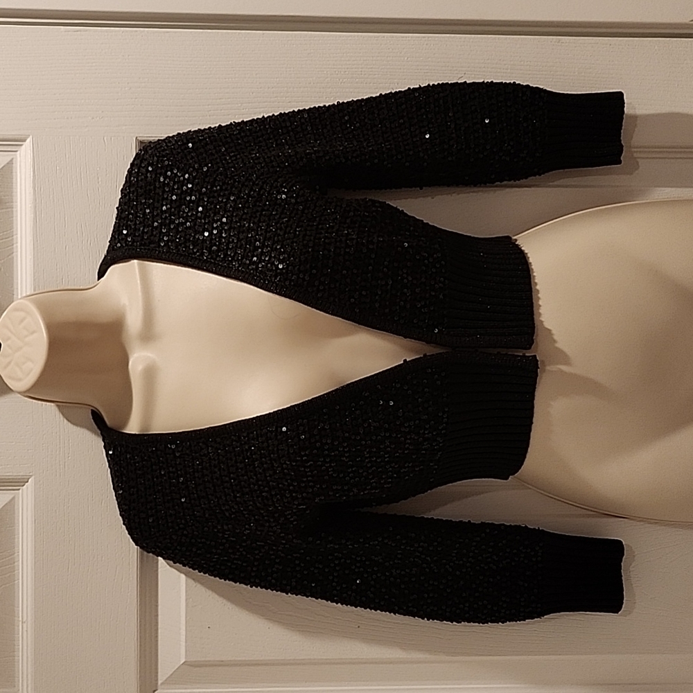 Black Sequin Bolero Cardigan Cropped Hook Front XS Evening Party